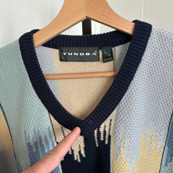 Vtg Tundra Canada Cosby Style Blue Yellow V Neck Pullover Sweater Mens L *NOTE - Picture 5 of 7